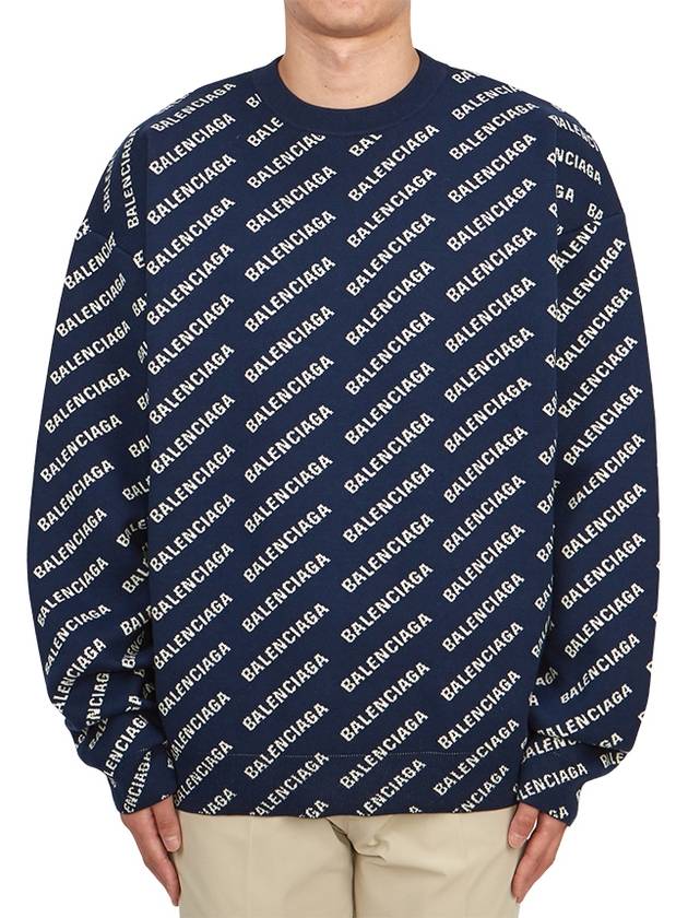 Luxury Balenciaga  Allover Logo Crew Sweatshirt Navy