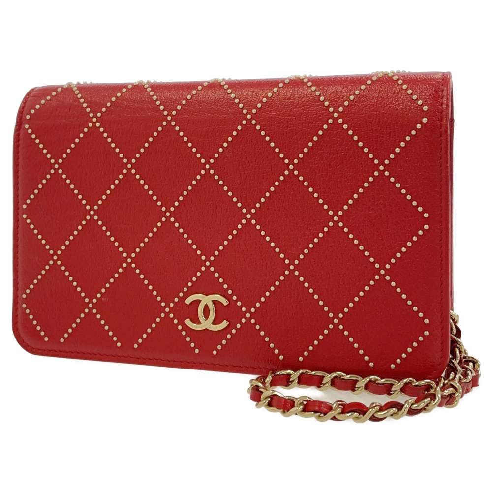 CHANEL Studded Chain Wallet Red AP0023 Leather