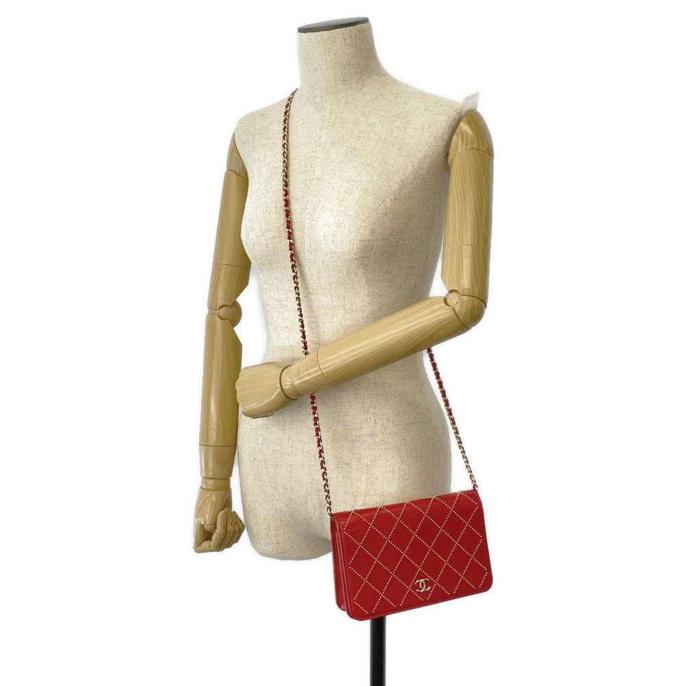 CHANEL Studded Chain Wallet Red AP0023 Leather