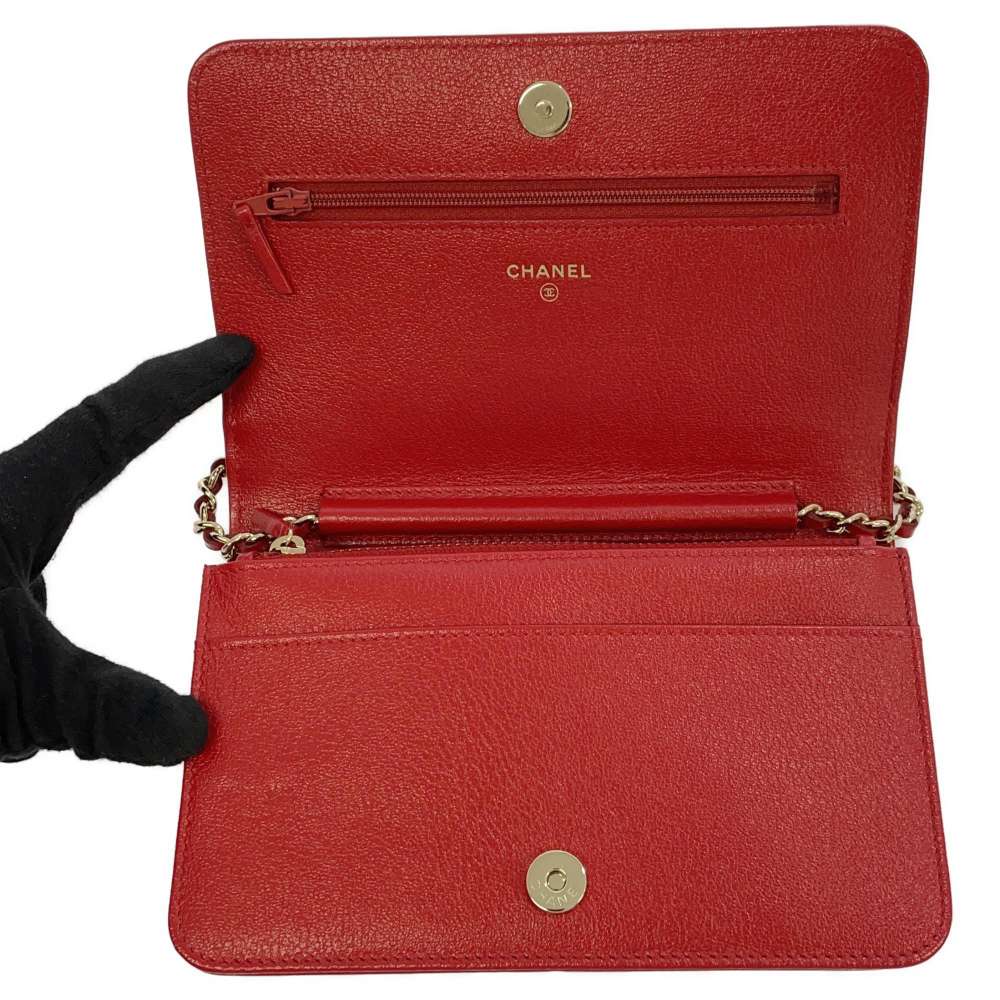CHANEL Studded Chain Wallet Red AP0023 Leather