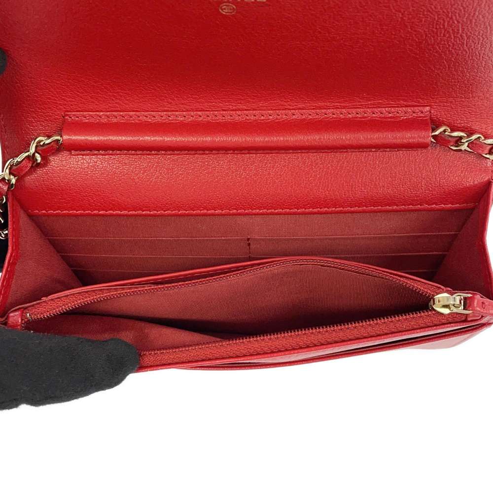CHANEL Studded Chain Wallet Red AP0023 Leather