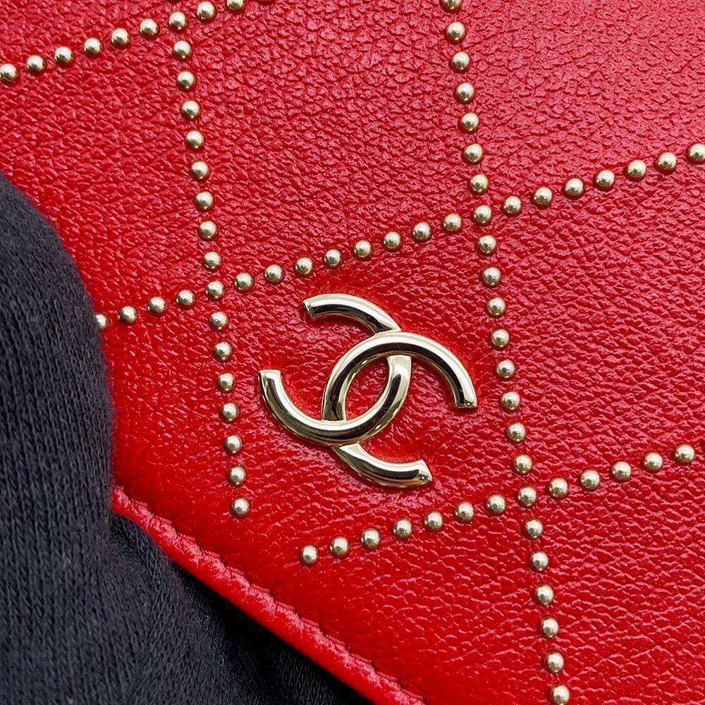 CHANEL Studded Chain Wallet Red AP0023 Leather