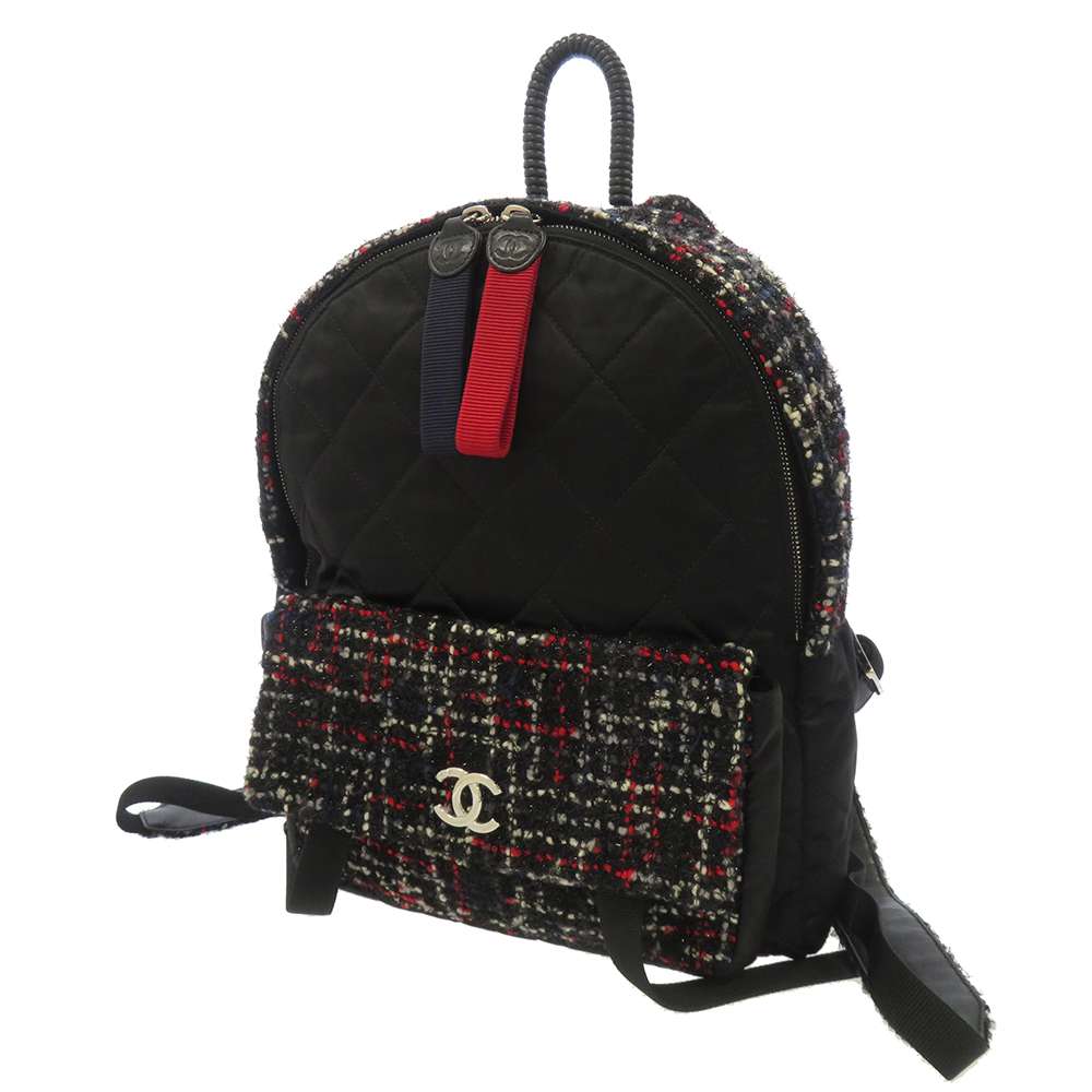 CHANEL Matelasse Backpack Black/Red A91964 Nylon Tweed