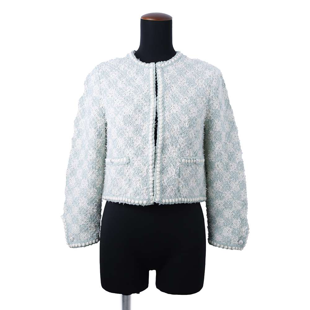 CHANEL Colorless COCO Button Jacket Size 36 Light Green/White P75029K10754 Cotton58% Nylon33% Cashmere5% MetalFiber3% Elastine1%