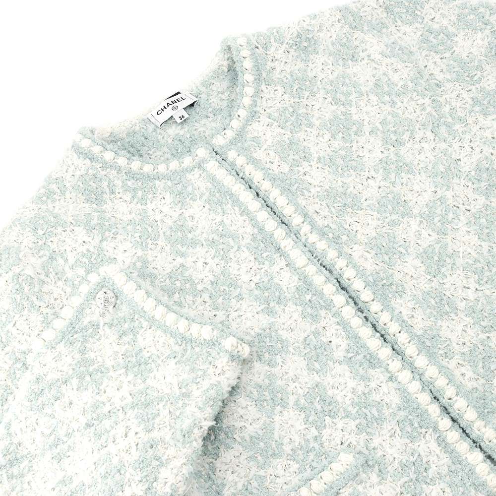 CHANEL Colorless COCO Button Jacket Size 36 Light Green/White P75029K10754 Cotton58% Nylon33% Cashmere5% MetalFiber3% Elastine1%