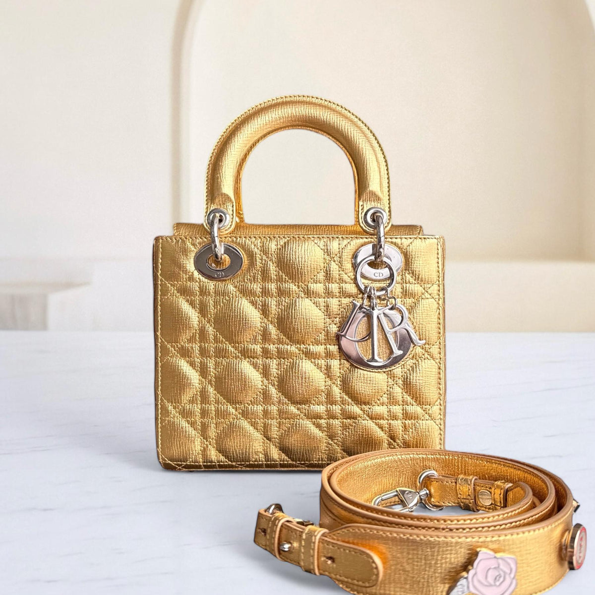 Dior Lady Small - Cannage Metallic Calfskin Gold Silver Hardware