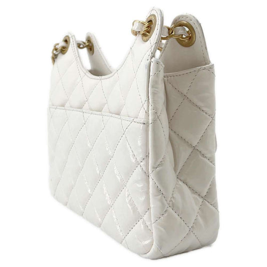 CHANEL Hobo ChainShoulder Bag White AS3710 Shiny Calf Leather Size Small