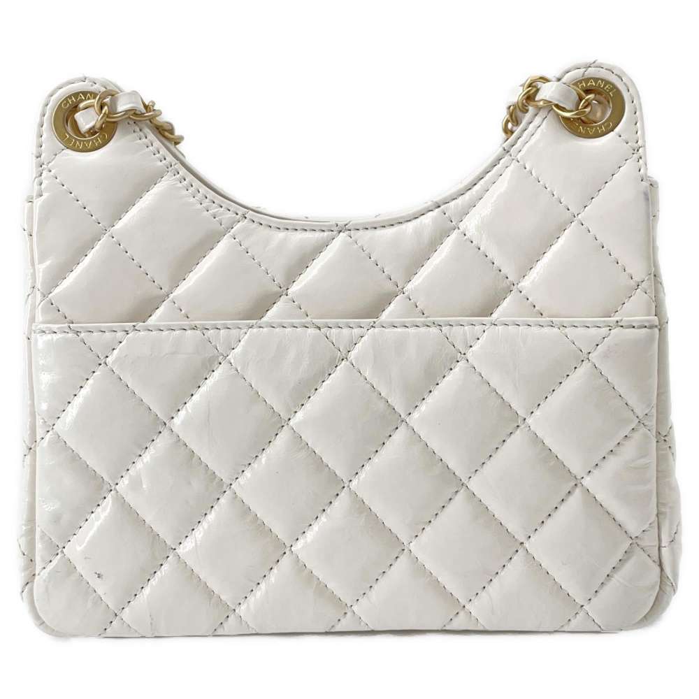 CHANEL Hobo ChainShoulder Bag White AS3710 Shiny Calf Leather Size Small