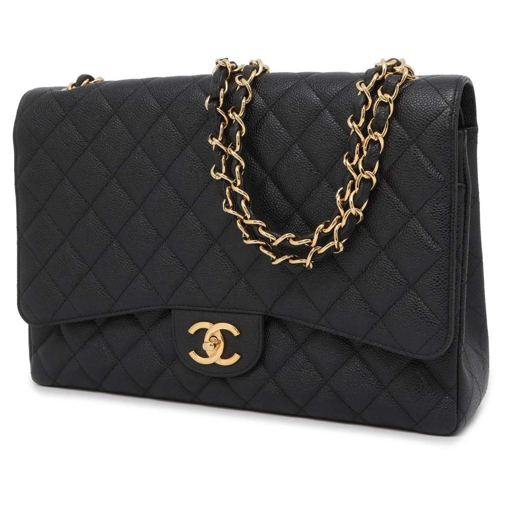 CHANEL Jumbo Matelasse W Flap ChainShoulder Bag Black A58601 Caviar Leather Size 34