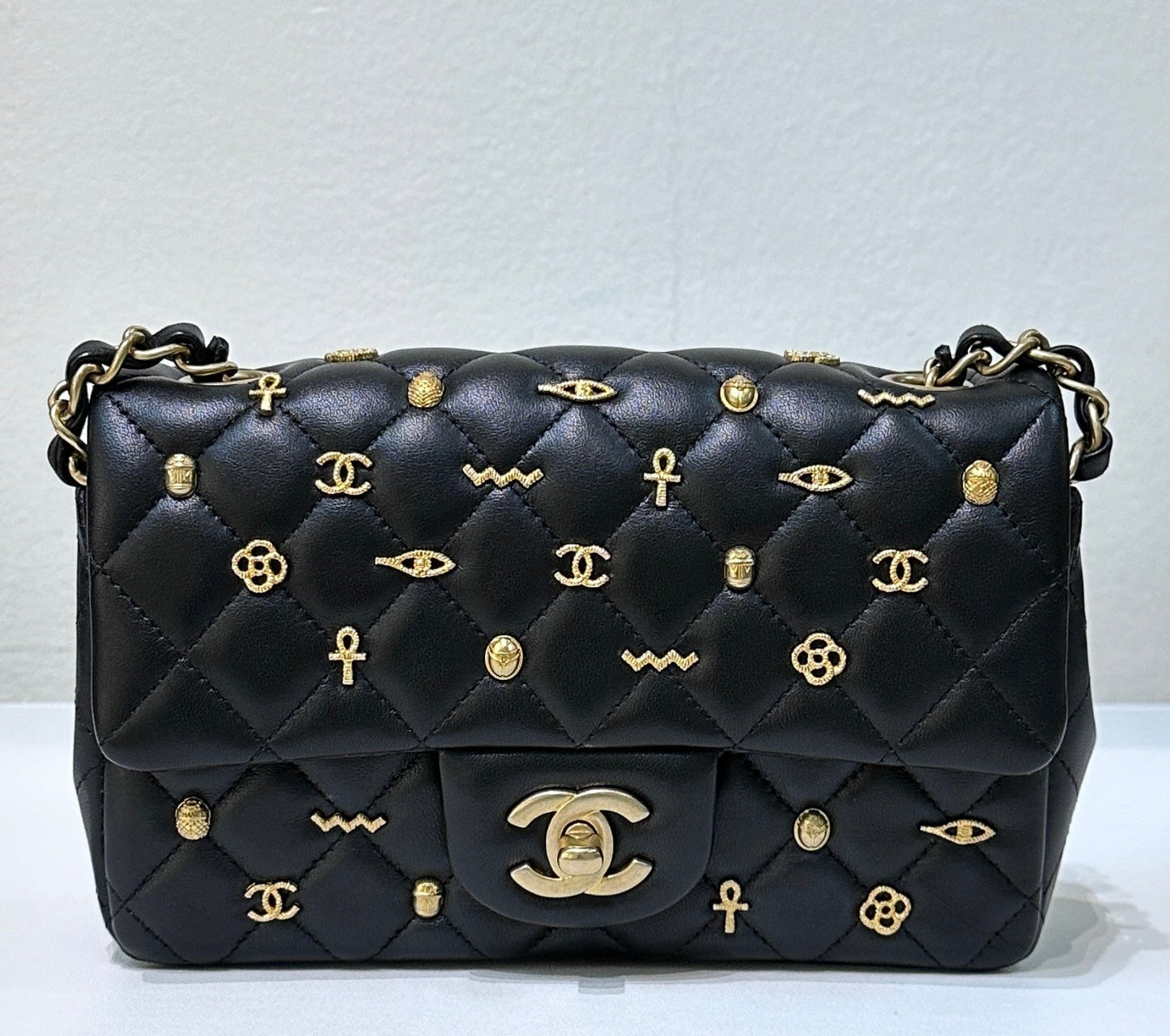 Chanel Mini Lambskin Quilted Egyptian Amulet Rectangular Flap Black GHW