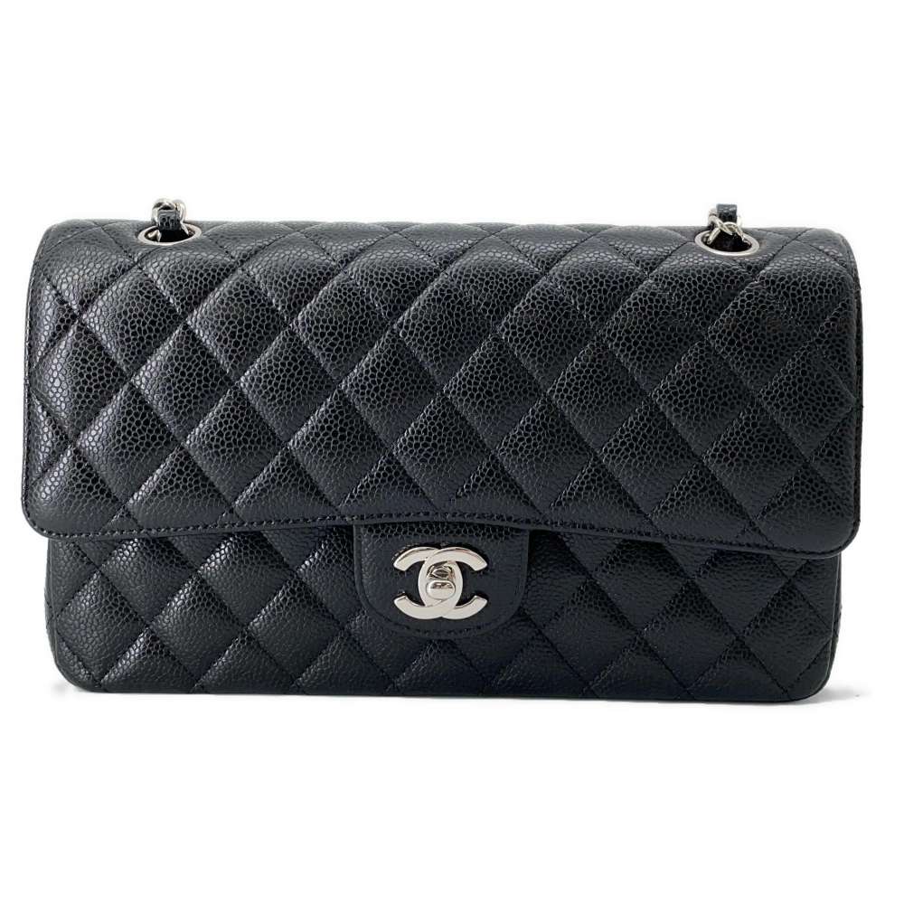 CHANEL Matelasse W Flap ChainShoulder Bag Black A01112 Caviar Leather Size 25