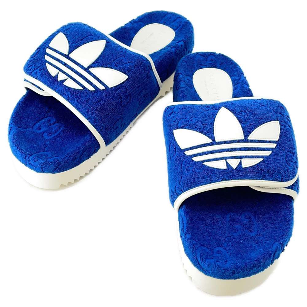 GUCCI Adidas Collaboration Platform Sandals Blue/White 702412 GGCotton Rubber Size 10