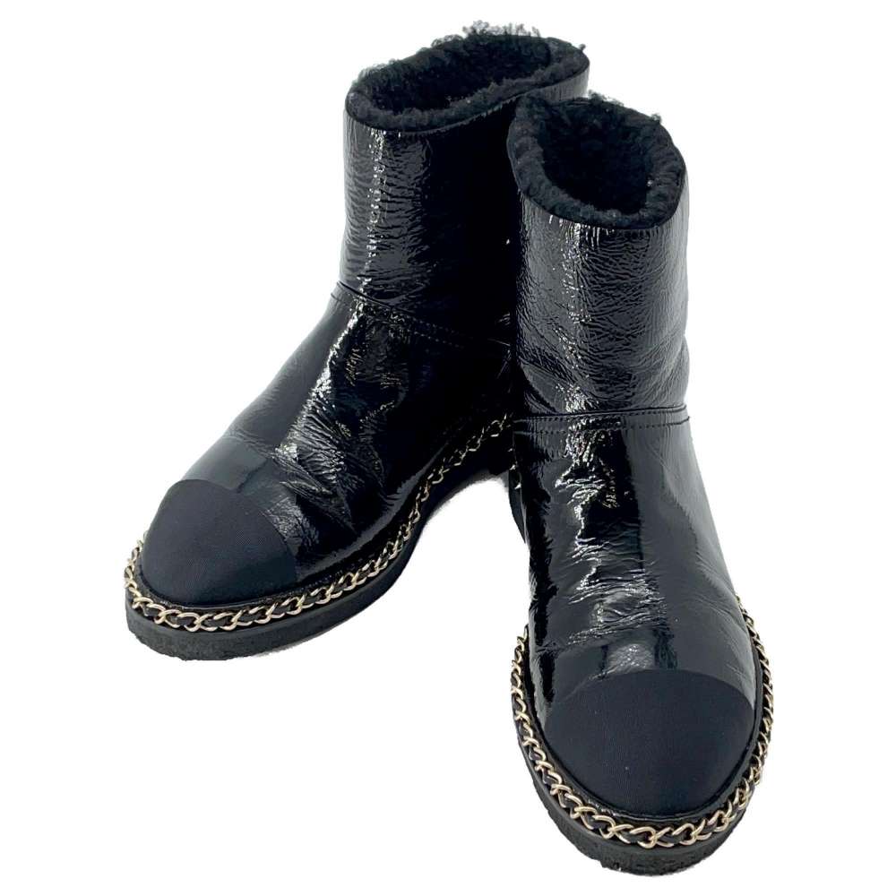 CHANEL Chain short boots Black G34113 Patent Leather Size 37C