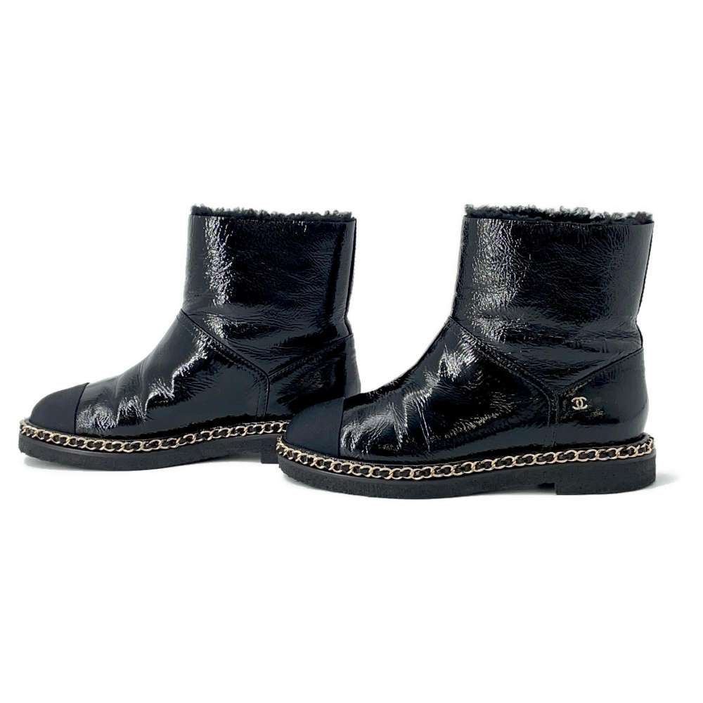 CHANEL Chain short boots Black G34113 Patent Leather Size 37C