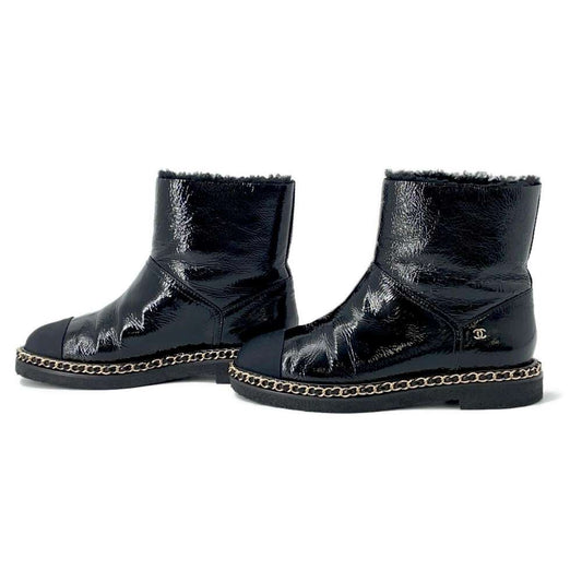 CHANEL Chain short boots Black G34113 Patent Leather Size 37C