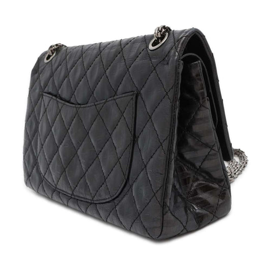 CHANEL 2.55 W Flap W Chain Shoulder Bag Stripe Black A37587 Leather Size Large