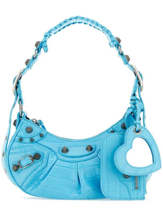 Luxury Balenciaga  Le Cagole XS  Crocodile Embossed Shoulder Bag Blue Sky