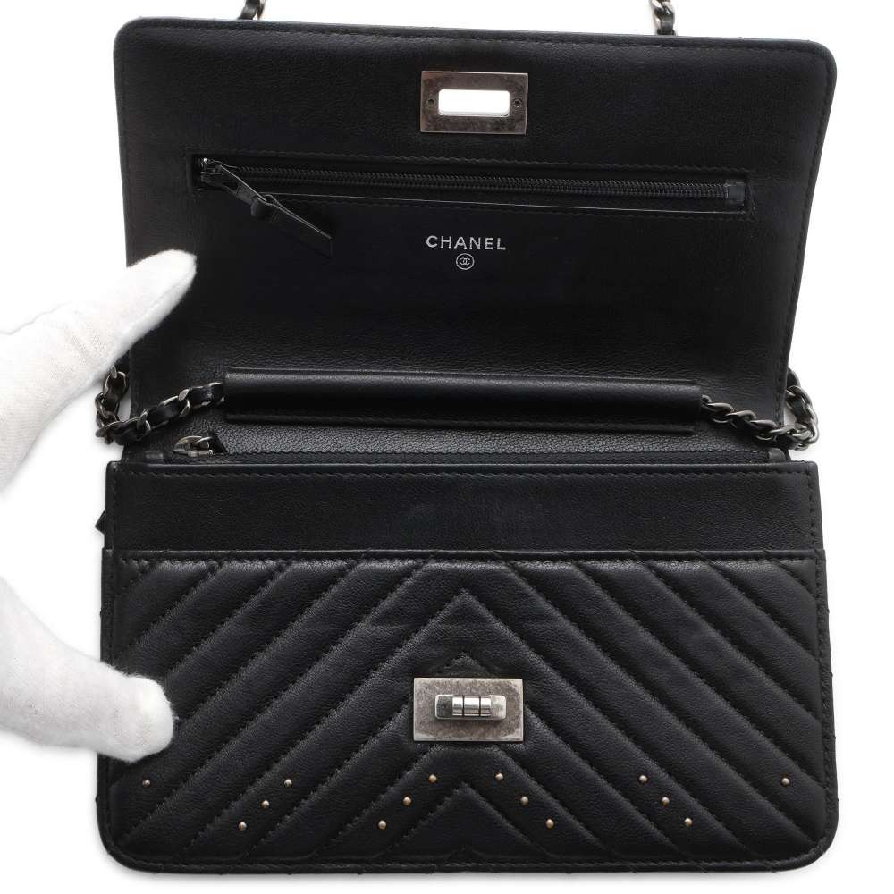 CHANEL 2.55 Chevron Studded Chain Wallet Black Lambskin