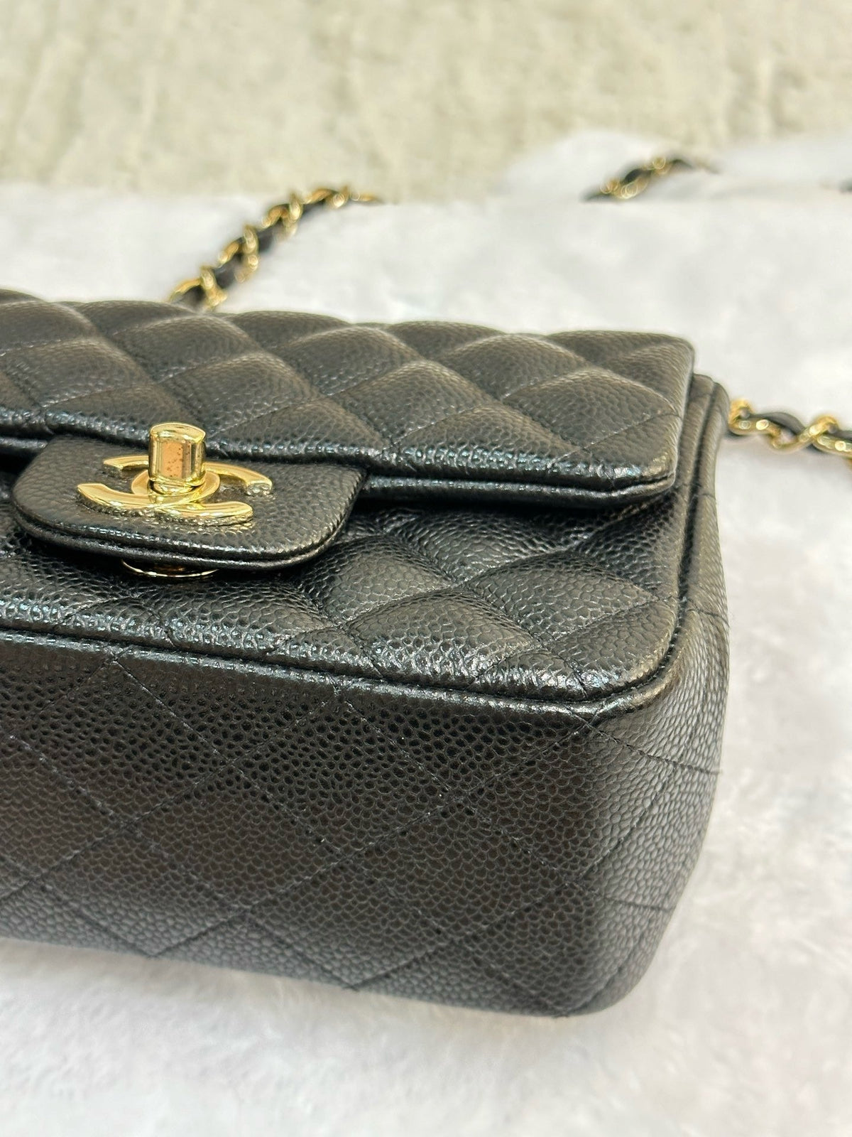 Chanel Mini Square Caviar Flap Bag Black GHW 25 holo card (Chain short than usual)