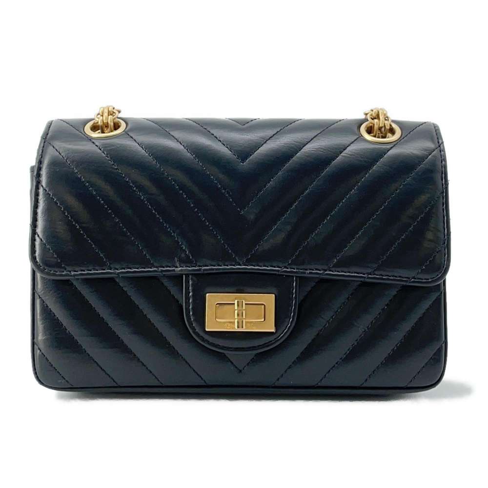 CHANEL 2.55 Chevron Single Flap ChainShoulder Bag Black Calf Leather