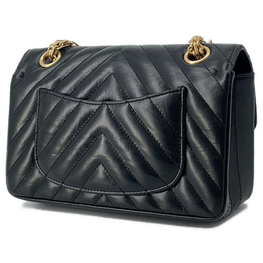 CHANEL 2.55 Chevron Single Flap ChainShoulder Bag Black Calf Leather