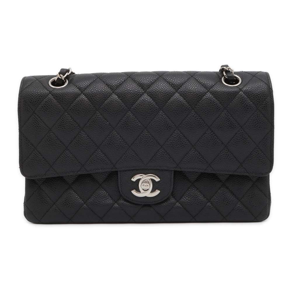CHANEL Matelasse Double Chain Double Flap Shoulder Bag Black A01112 Caviar Leather Size 25