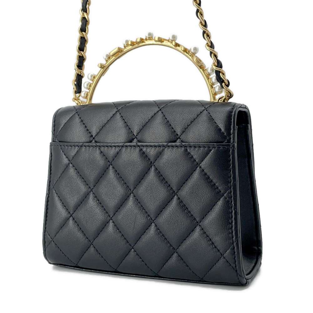CHANEL Matelasse Pearl Logo Top Handle ChainShoulder Bag Black AP3513 Lambskin