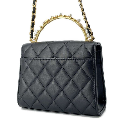 CHANEL Matelasse Pearl Logo Top Handle ChainShoulder Bag Black AP3513 Lambskin