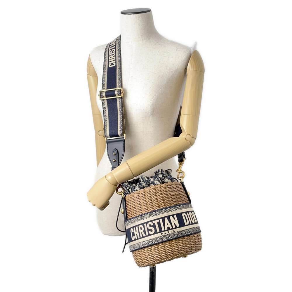Dior ObliqueWicker Basket Drawstring Bag Shoulder Bag Brown/Navy M7600CMVO Rattan Canvas