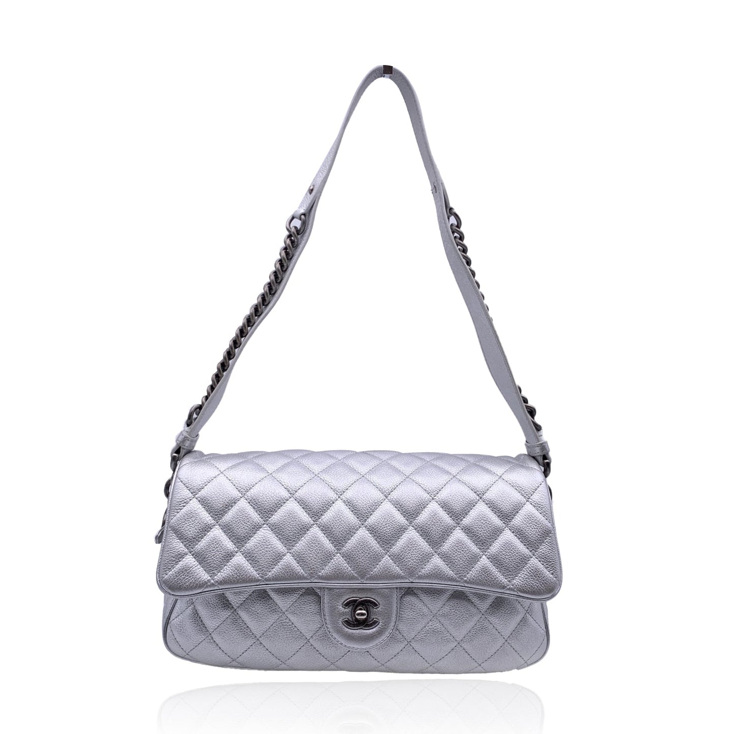 CHANEL Airline 2016 Silver Quilted Leather Easy Flap Shoulder Bag
