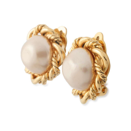 CHANEL Faux Pearl  Earring Gold Metal
