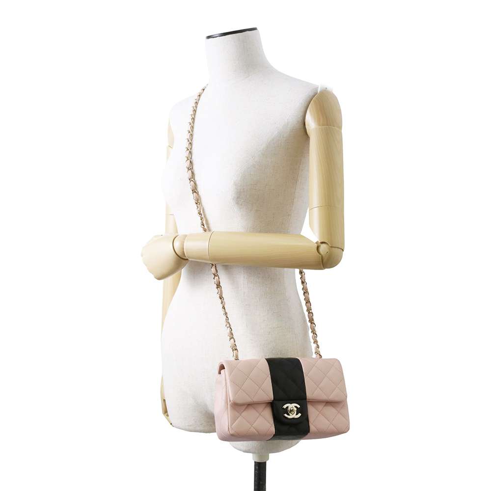 CHANEL Mini Materasse Chain Shoulder Pink/Black A69900 Lambskin