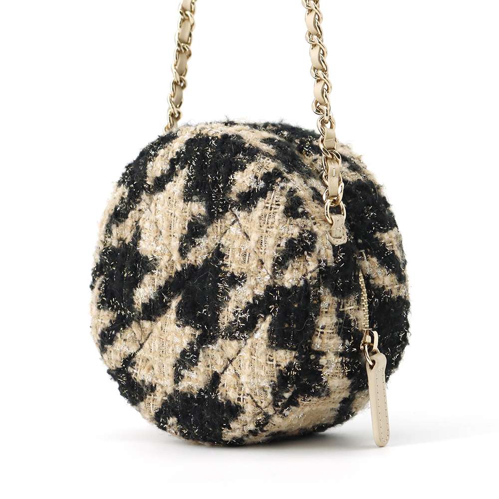 CHANEL CC Logo Round ChainShoulder Beige/Black AP0986 Tweed Boa