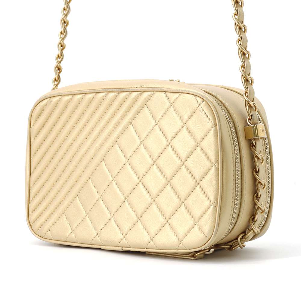 CHANEL Cocoboy Matelasse Double Zip Camera Bag Gold A92656 Leather
