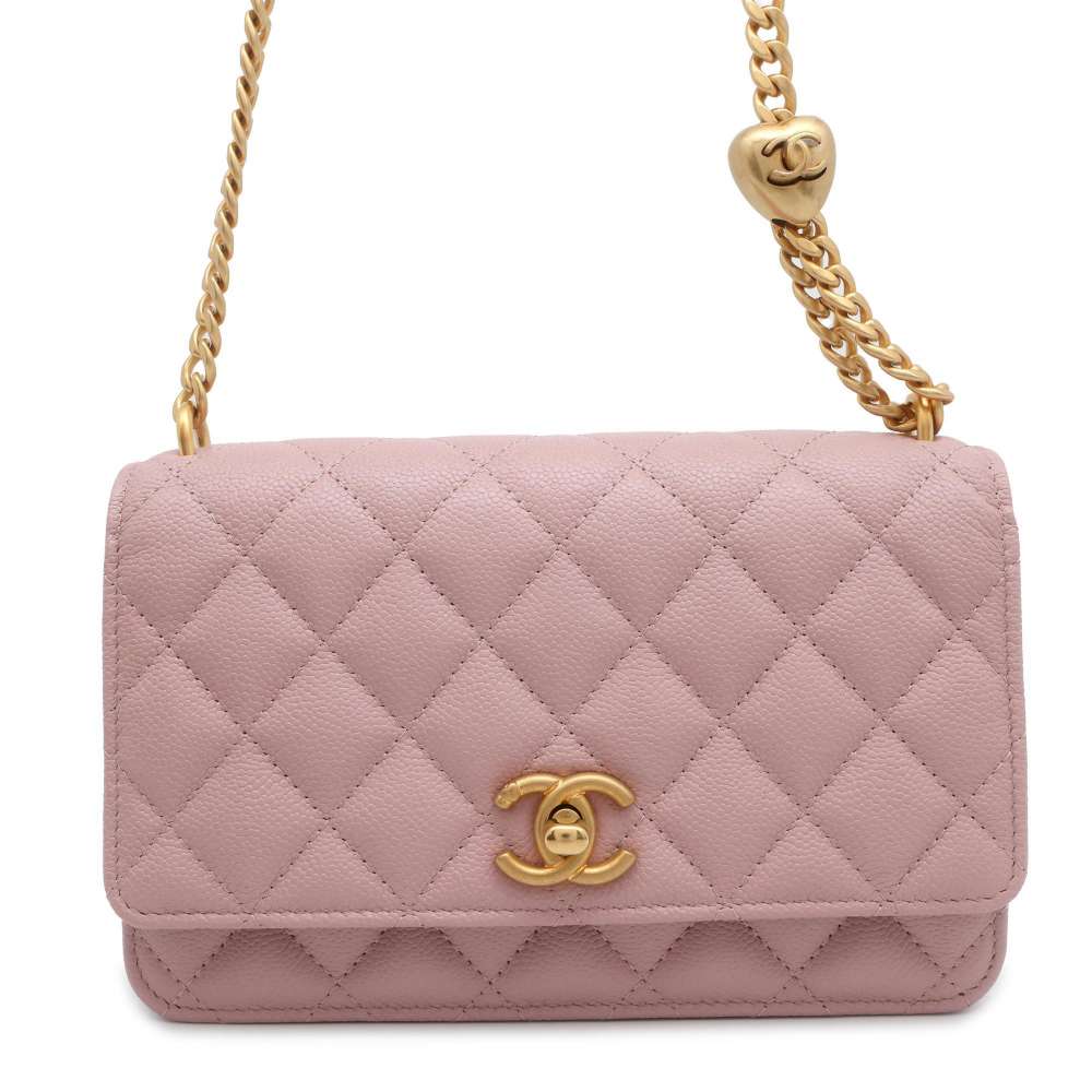 CHANEL Heart Chain Chain Wallet Pink Caviar Leather