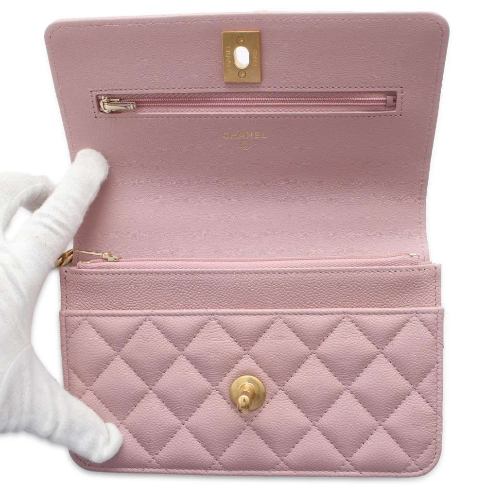 CHANEL Heart Chain Chain Wallet Pink Caviar Leather