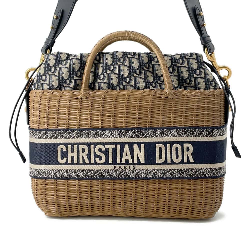 Dior Oblique Wicker Basket Bag Navy/Brown M7601CMVO Rattan Canvas