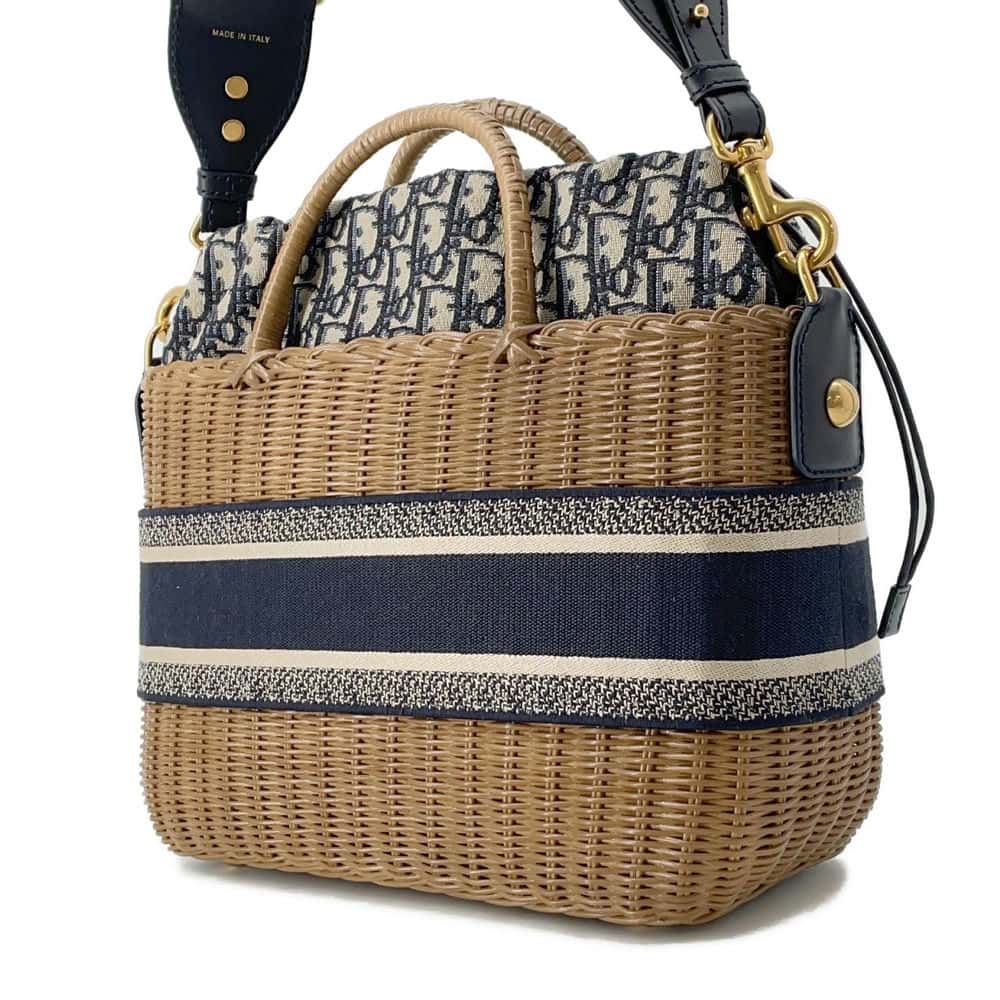 Dior Oblique Wicker Basket Bag Navy/Brown M7601CMVO Rattan Canvas