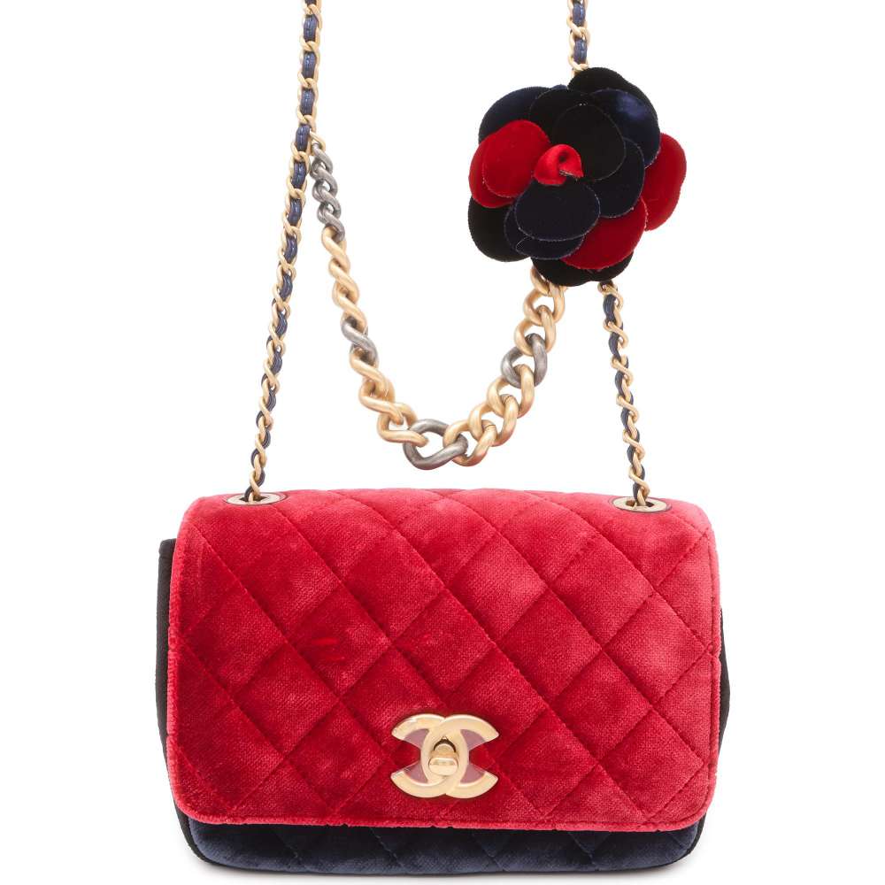 CHANEL Matelasse Camellia Shoulder Bag Red/Navy/Black Velour Size Mini