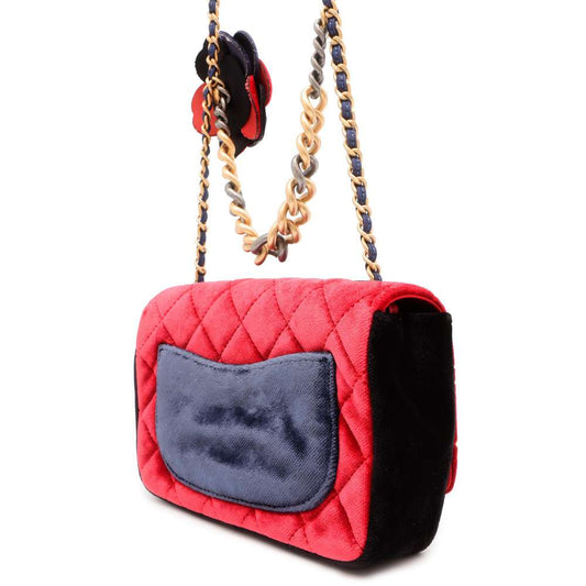 CHANEL Matelasse Camellia Shoulder Bag Red/Navy/Black Velour Size Mini