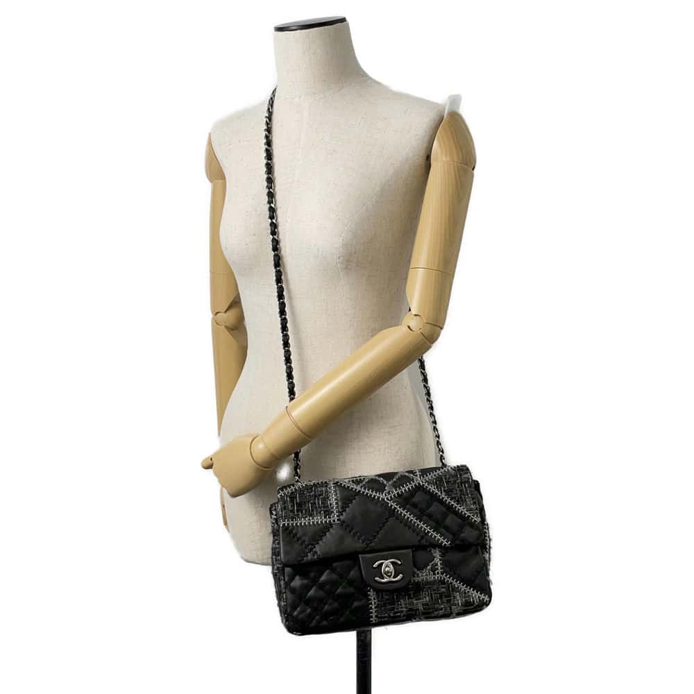 CHANEL CC Logo Patchwork ChainShoulder Bag Black/Gray Lambskin Tweed