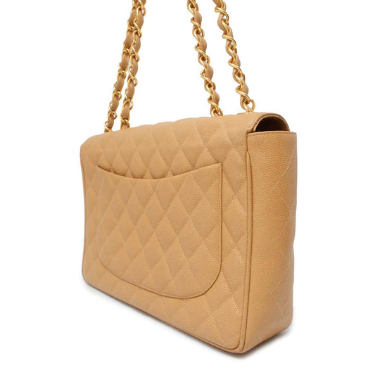 CHANEL Jumbo Matelasse ChainShoulder Bag Beige A04412 Caviar Leather Size 30