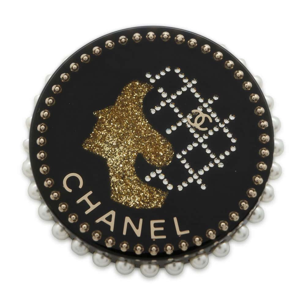 CHANEL CHANEL Round Pearl Brooch Black Plastic Faux Pearl  Rhinestone