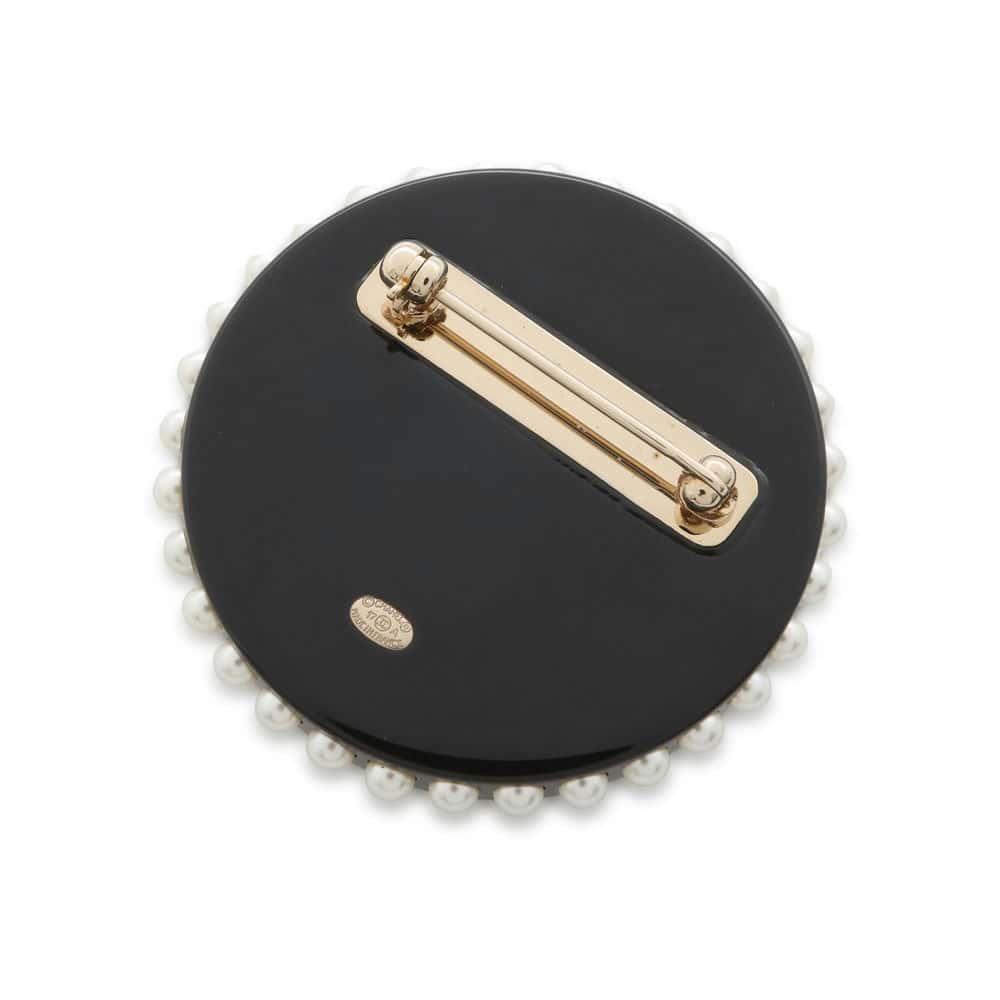 CHANEL CHANEL Round Pearl Brooch Black Plastic Faux Pearl  Rhinestone