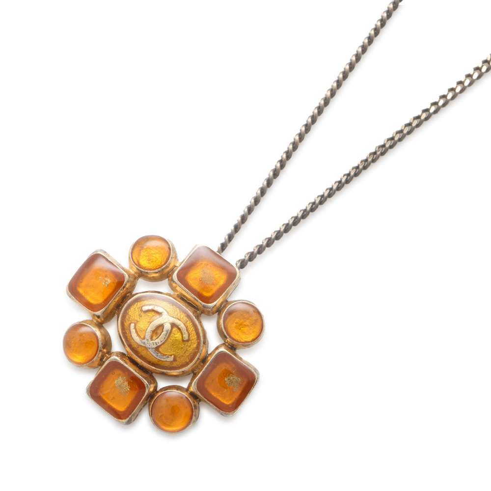 CHANEL CC Logo Clypore Necklace Orange/Silver Metal