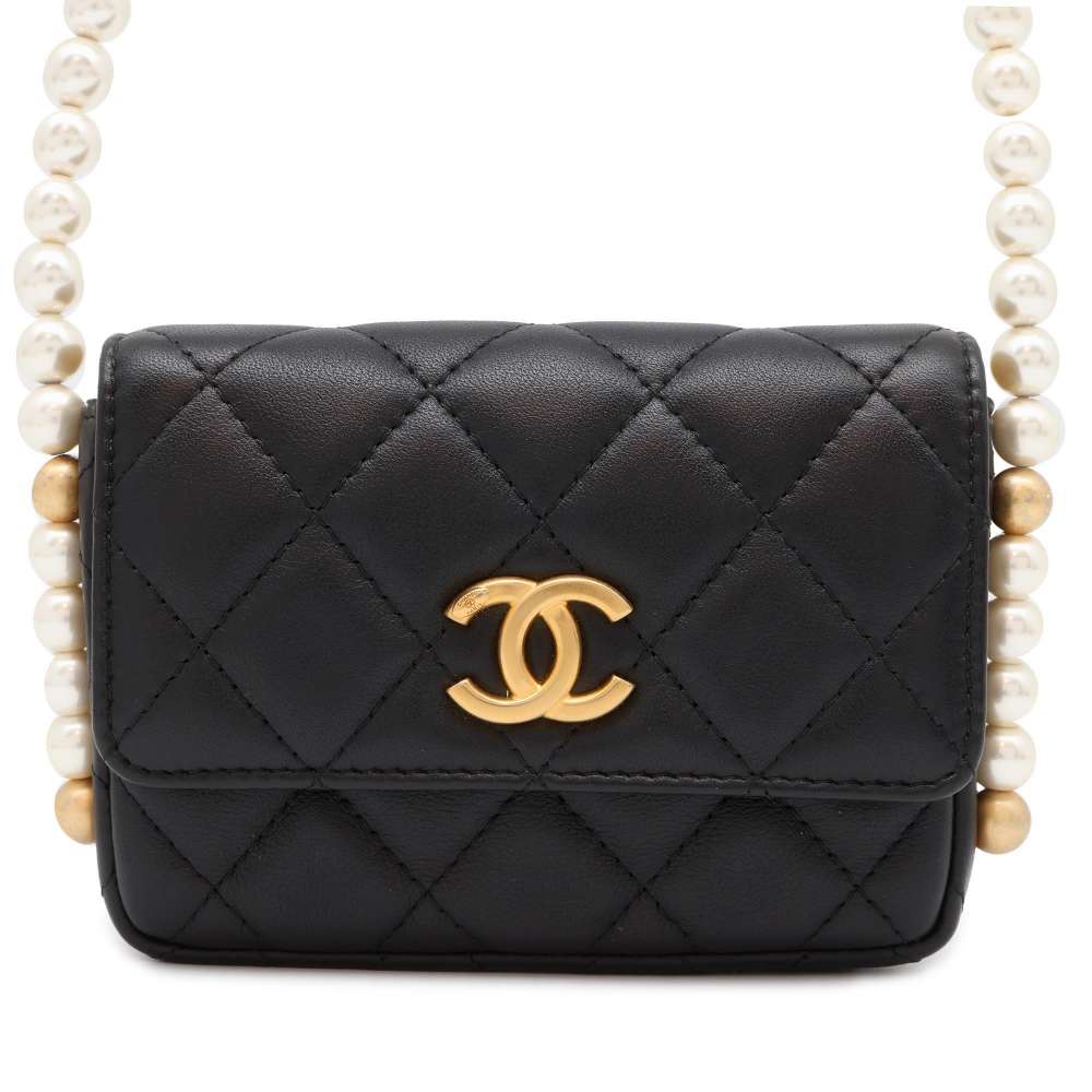 CHANEL Faux Pearl Mini Shoulder Bag Black Lambskin