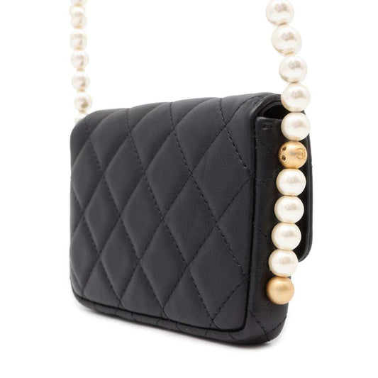 CHANEL Faux Pearl Mini Shoulder Bag Black Lambskin