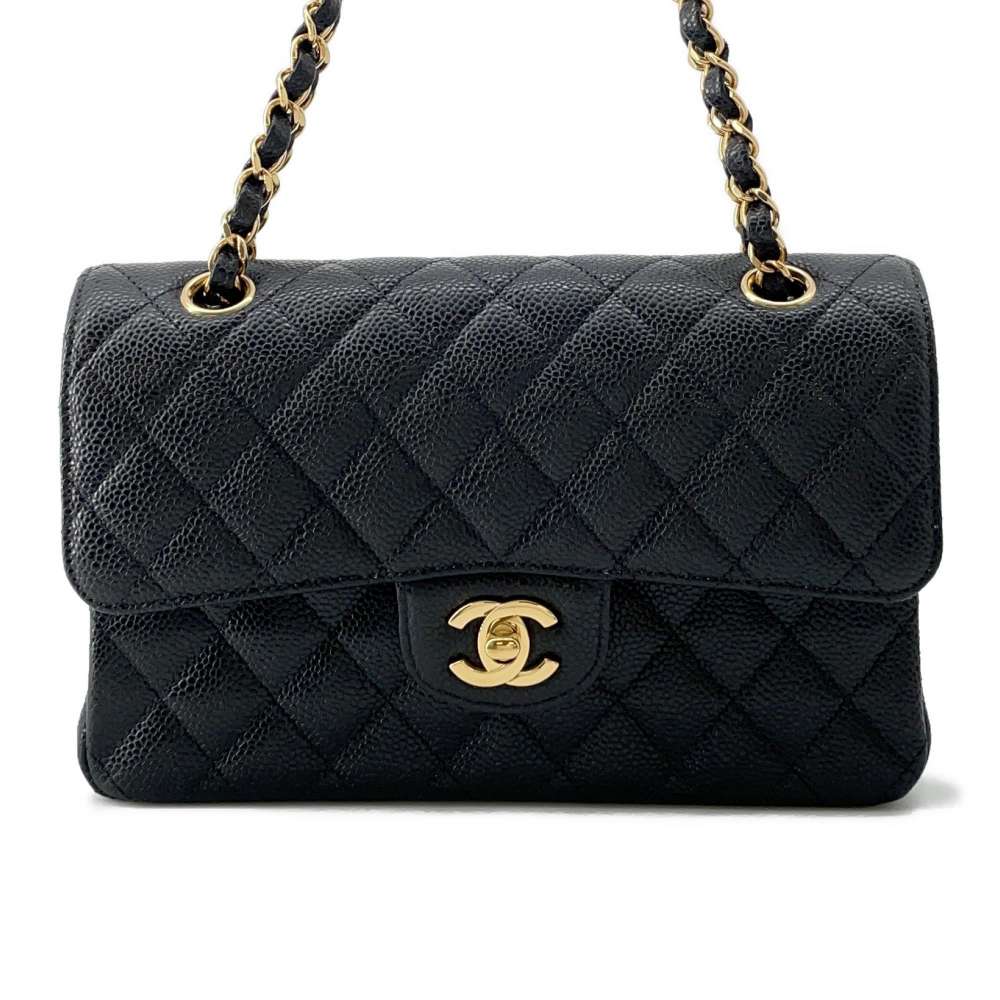 CHANEL Matelasse W Flap ChainShoulder Bag Black A01113 Caviar Leather Size 23