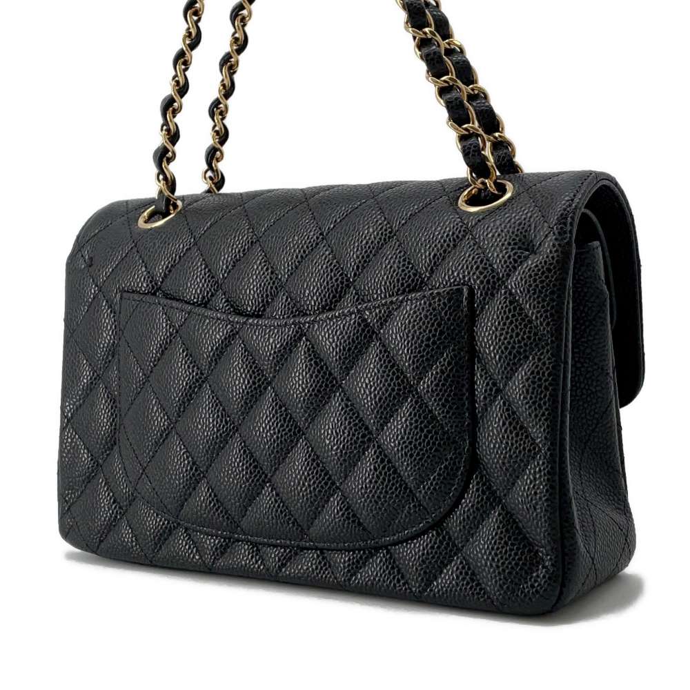 CHANEL Matelasse W Flap ChainShoulder Bag Black A01113 Caviar Leather Size 23