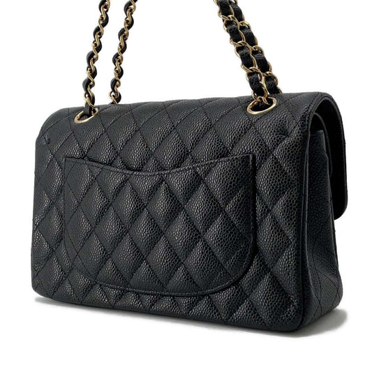 CHANEL Matelasse W Flap ChainShoulder Bag Black A01113 Caviar Leather Size 23